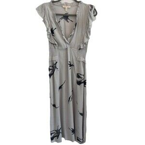 Grade & Gather Womens Sz M Dress Gray Ruffle Abstract Midi Boho Flutter Sleeve